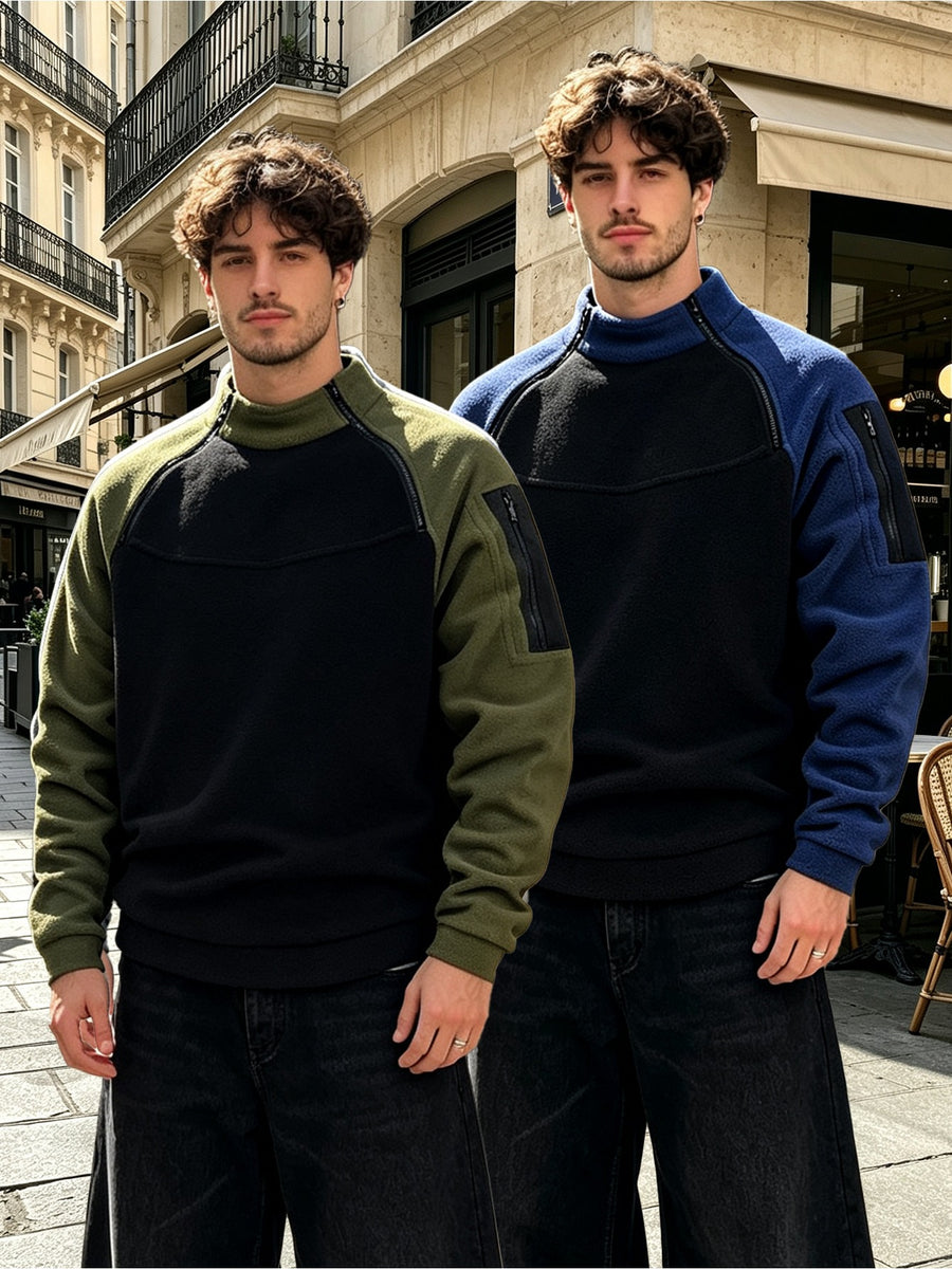 2pcs Men's Double-zip Stand-collar Fleece Sweatshirt Set, with a Color-block Stylish Design, Suitable for Sports, Workouts, Fishing, and City Commuting - Dark Green color+Black Blue