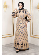 New Middle Eastern Muslim Elegant Temperament Floral Print Round Neck Tie-Up Abaya, Headscarf Not Included - Apricot