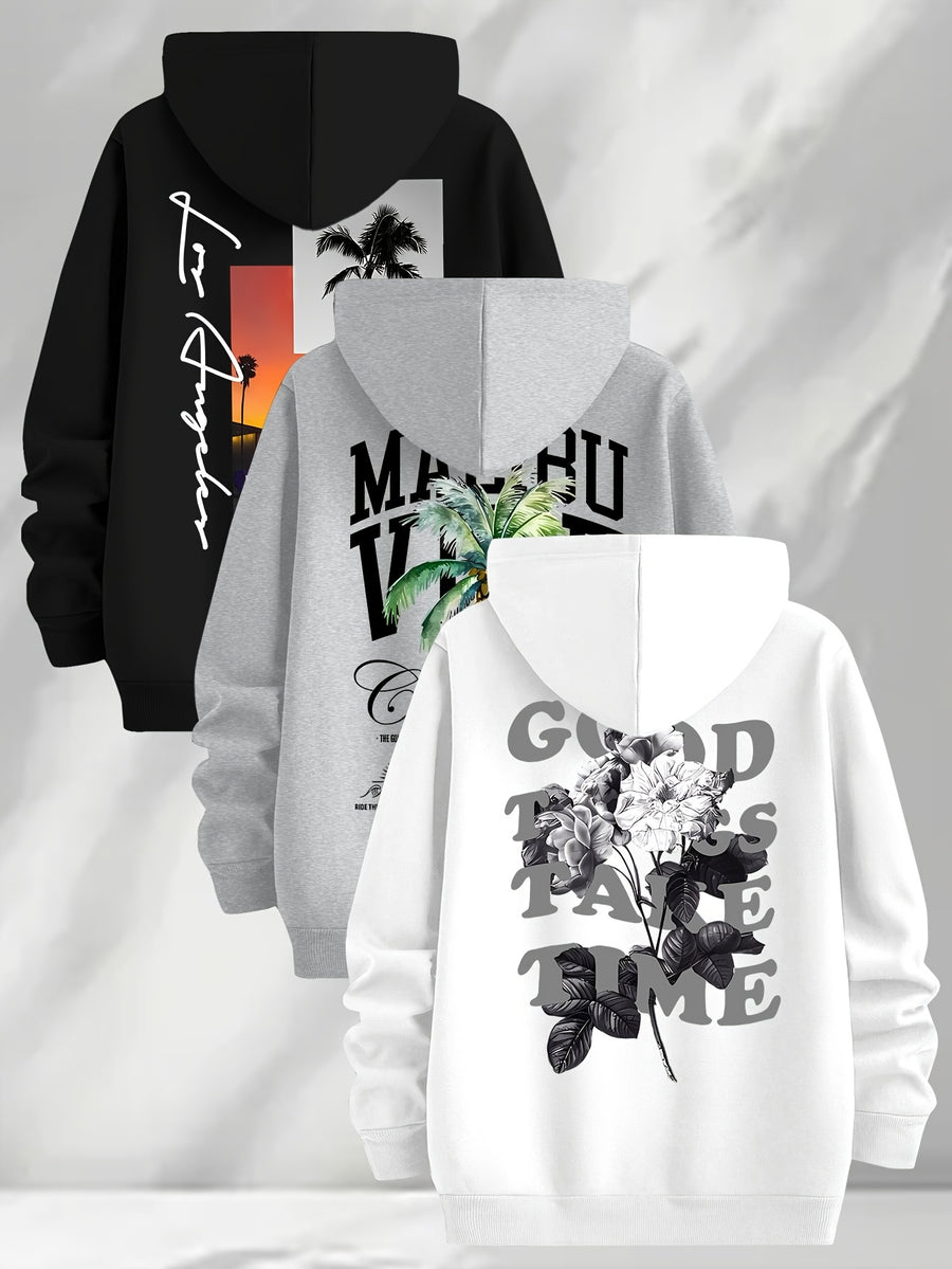 3pcs Trendy Print Sweatshirt, Men's Casual Hooded Sweatshirt, Long-sleeve Pullover, Slightly Stretchy, Knitted Polyester Fabric, Regular Fit Men's Hoodie - Black+light Gray+white