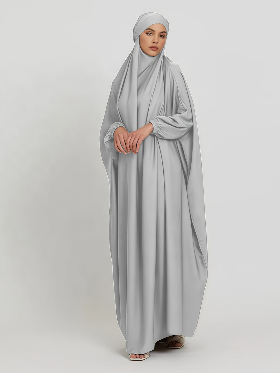 1pc Jilbab, 1pc Khimar with a Rich Drape, Cuffed Sleeves, and a Loose Fit, Suitable for Busy Daily Wear or Worship - Light Grey