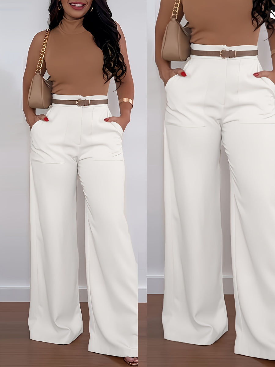 Navy Suit Wide-Leg Pants High Waist Drape Commute OL Style Loose Floor-Length Trousers (No Belt) - White