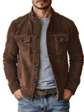 Men'S Casual Jacket with Pockets, Versatile Long-Sleeved Stand Collar Button Coat, Transitional Outerwear - Coffee Color