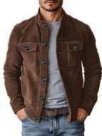 Men'S Casual Jacket with Pockets, Versatile Long-Sleeved Stand Collar Button Coat, Transitional Outerwear - Coffee Color