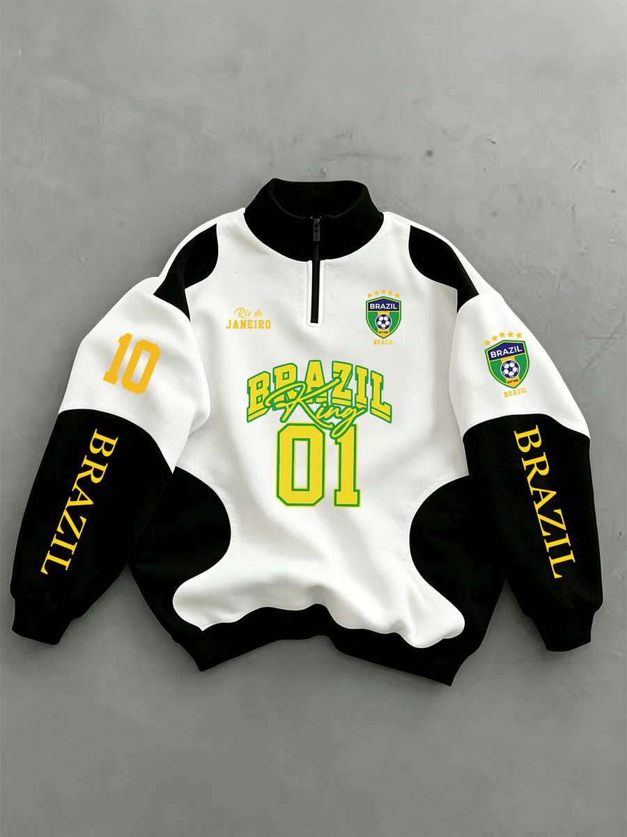 Fashionable Racing Trendy Element Multi-Picture Patchwork Sweatshirt - White