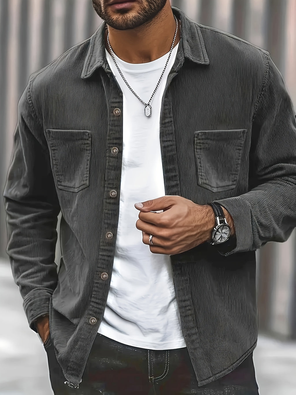 [Spring And Autumn Men'S Retro Corduroy Jacket ] Men'S Blue Corduroy Shirt, Retro Casual Long Sleeve Single, Loose Collar Button Top, Pocket Versatile Autumn Jacket, Halloween And Christmas Gift for Boyfriend And Father - Dark Gray