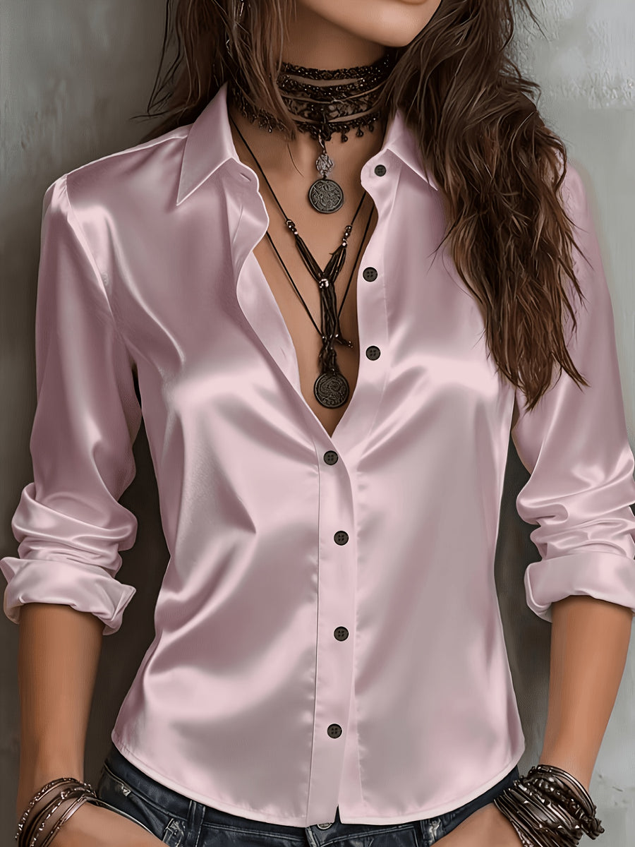 Women'S All-Season Temperament Commuter Satin Shirt - Pale Pinkish Gray
