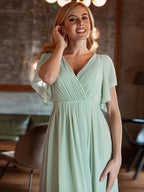 Women'S Elegant Sage Green Eternal Beauty Chiffon Bandeau Wedding Dress Gown, Slit And Ruched Butterfly Sleeves, Back Tie-Up - Light Green