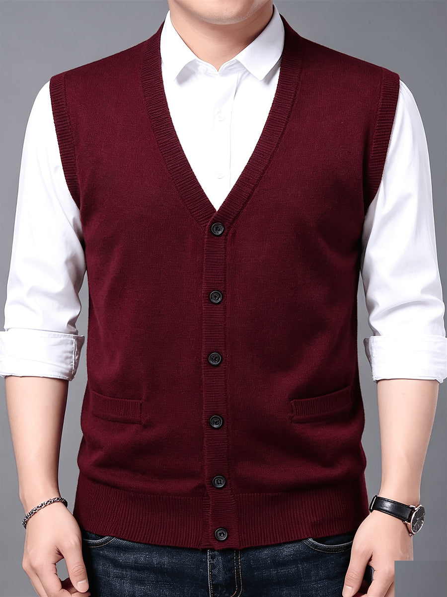 Autumn Winter Men'S Knit Cardigan Vest Men'S Casual Solid Color Pocketed Knit Vest Men'S V-Neck Open Front Sleeveless Sweater - Burgundy