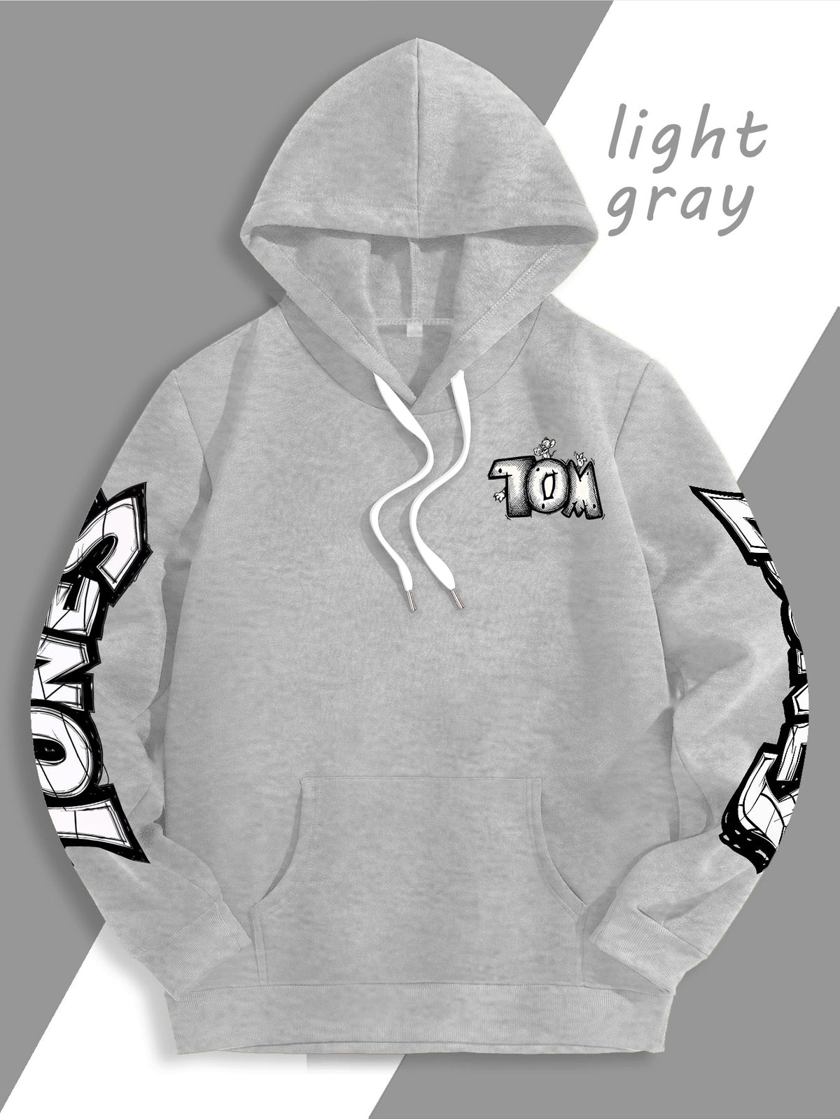 Men's Warner Bros. Vacation Hand-Drawn Sketch Print Hooded Sweatshirt, a Loose and Casual Hoodie Suitable for Animation IP Enthusiasts, Daily Commutes to School, Streetwear, and  Outfits for Couples and Best Friends - Light Grey