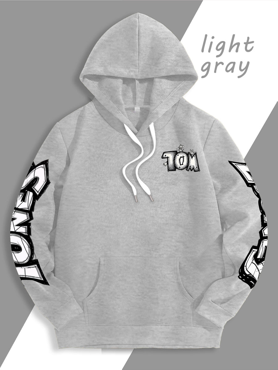 Men's Warner Bros. Vacation Hand-Drawn Sketch Print Hooded Sweatshirt, a Loose and Casual Hoodie Suitable for Animation IP Enthusiasts, Daily Commutes to School, Streetwear, and Outfits for Couples and Best Friends - Light Grey