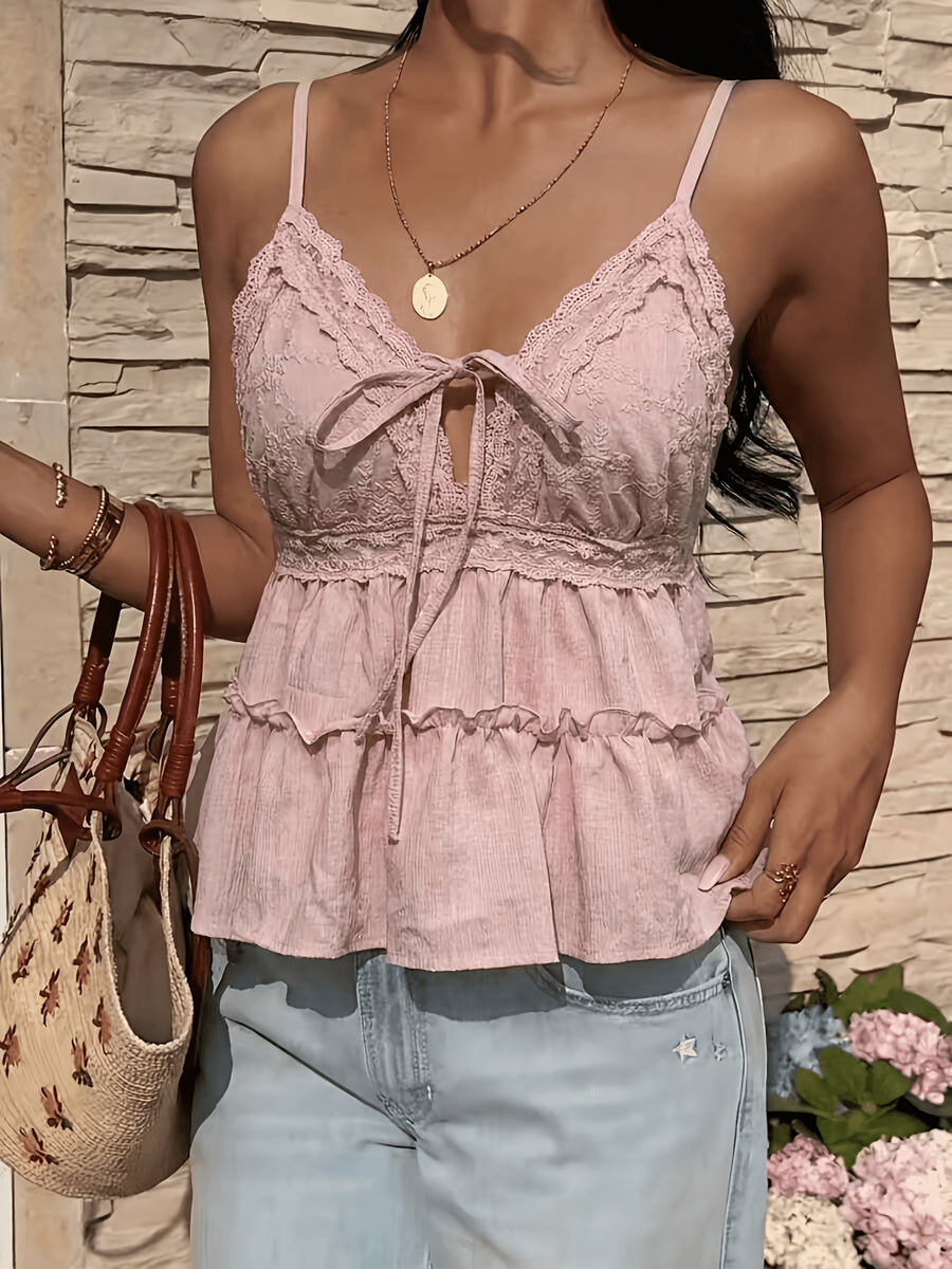 Women'S Apricot Lace Camisole Sexy Top, Solid Fabric with Lace Splice, Suitable for Date Night, Beach Party Summer - Pale Pinkish Gray