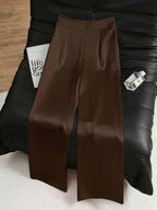 Women'S Fashion Commuter Satin Irregular Lace Bow Zipper Wide-Leg Long Pants - Coffee Color