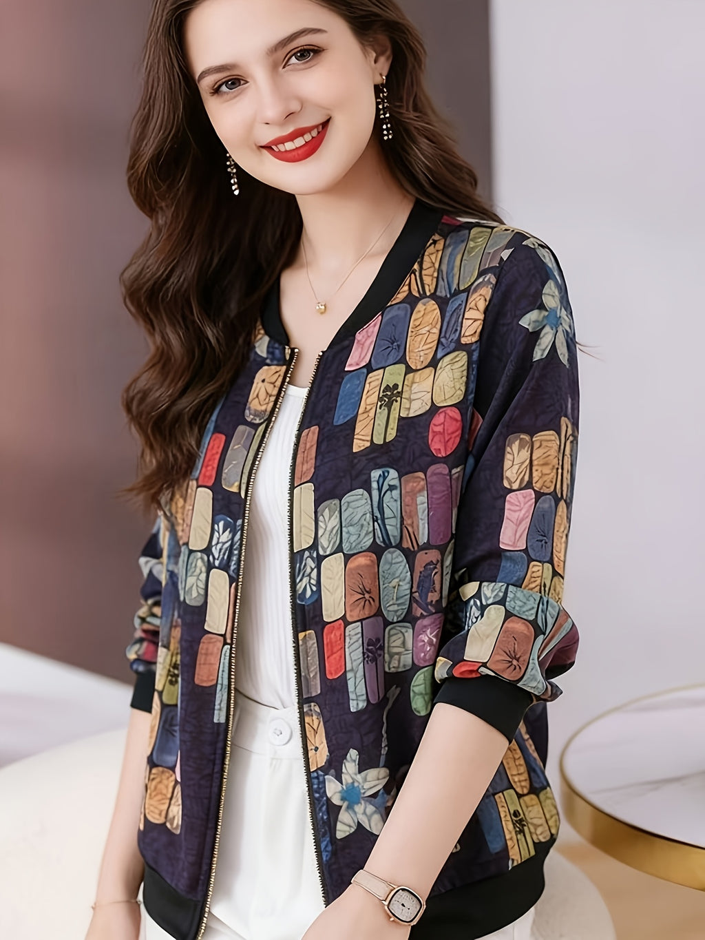 Lightweight Summer Outerwear Featuring a Zip-Up Cardigan, Designed for Beach Getaways, with a Thin And Semi-Transparent Printed Fabric, Perfect For, Tailored for Women - Navy Color