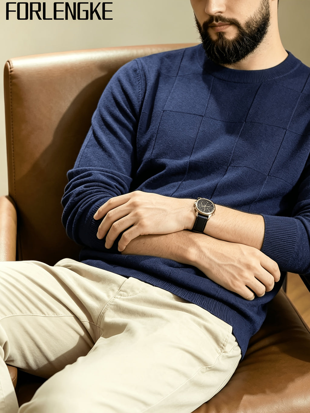 FORLENGKE Stylish Elegant Men'S Business Casual Grid Textured Crew Neck Knit Sweater, Soft Warm Long Sleeve Pullover for Fall Winter Office Daily Wear - Navy Color