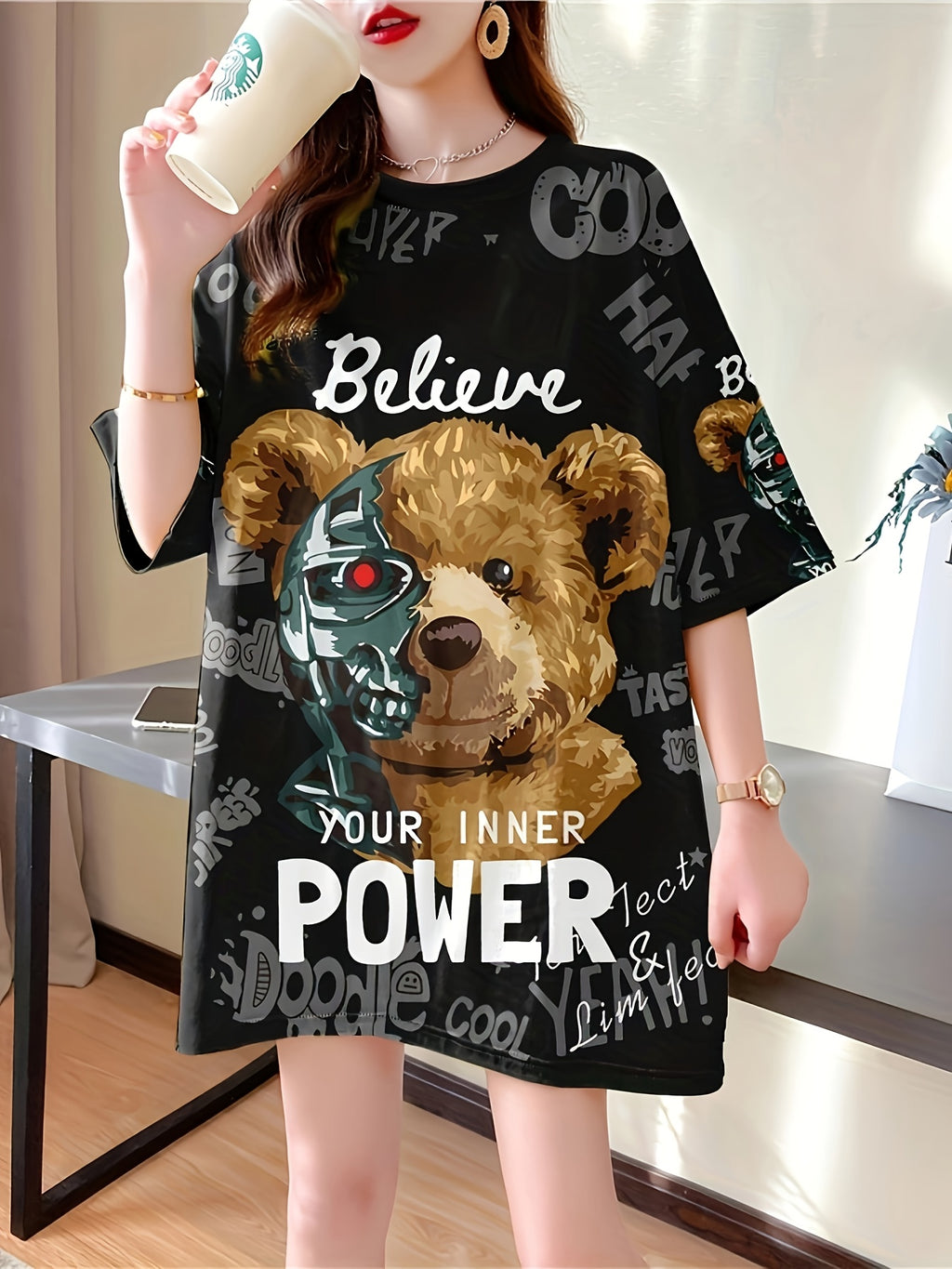 Women's Plus Size Oversized Graphic T-Shirt - Cute Cartoon Bear & Inspirational Text Print, Breathable Stretchy Fabric, Longline Casual Top for Spring Summer Fall, Bear T Shirt, Spring Fashion, Round Neckline, Nontransparent Material, Machine Washable - Black
