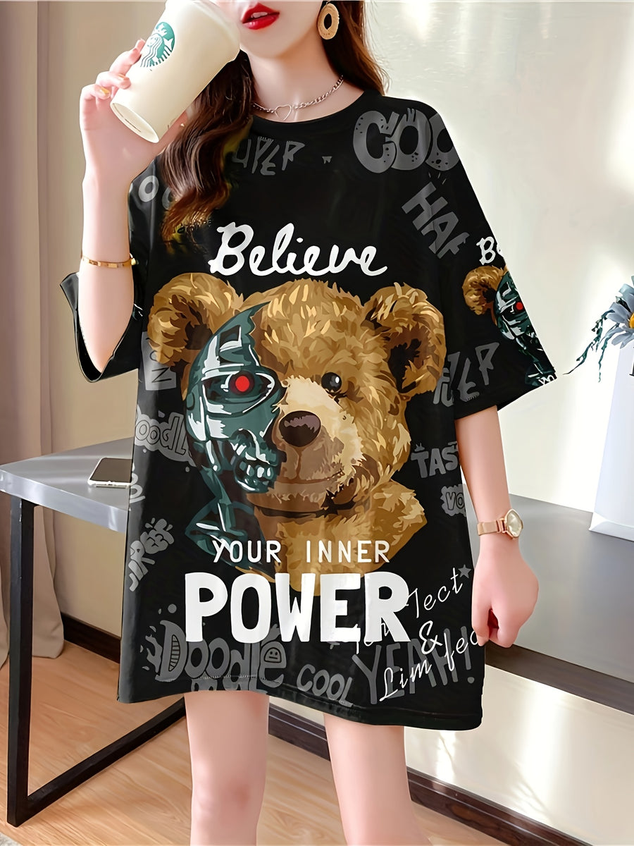 Women's Plus Size Oversized Graphic T-Shirt - Cute Cartoon Bear & Inspirational Text Print, Breathable Stretchy Fabric, Longline Casual Top for Spring Summer Fall, Bear T Shirt, Spring Fashion, Round Neckline, Nontransparent Material, Machine Washable - Black