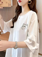 Y2K A Casual Loose Short-Sleeved Women'S T-Shirt Cat Loves to Eat Fish Print T-Shirt Sweet Style Round Neck T-Shirt Women'S Fiber 95%+ 5% - White