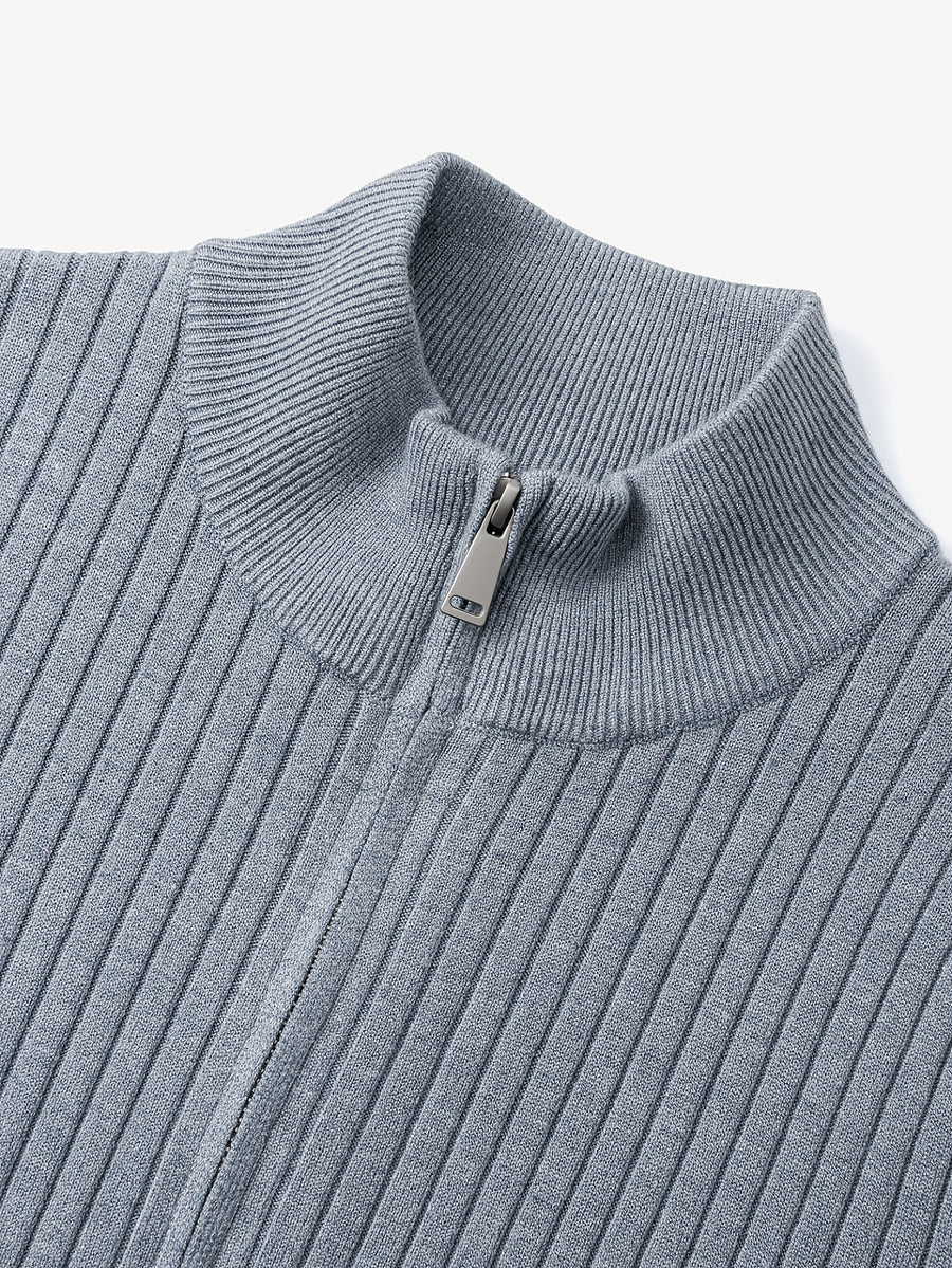2026 Spring/Fall New Men'S Knitted Rib-Striped Zip-Up Cardigan | Stand Collar, Medium Stretch Fabric, Long Sleeve, Casual And Versatile Fit Minimalist Layering - Flecking Gray