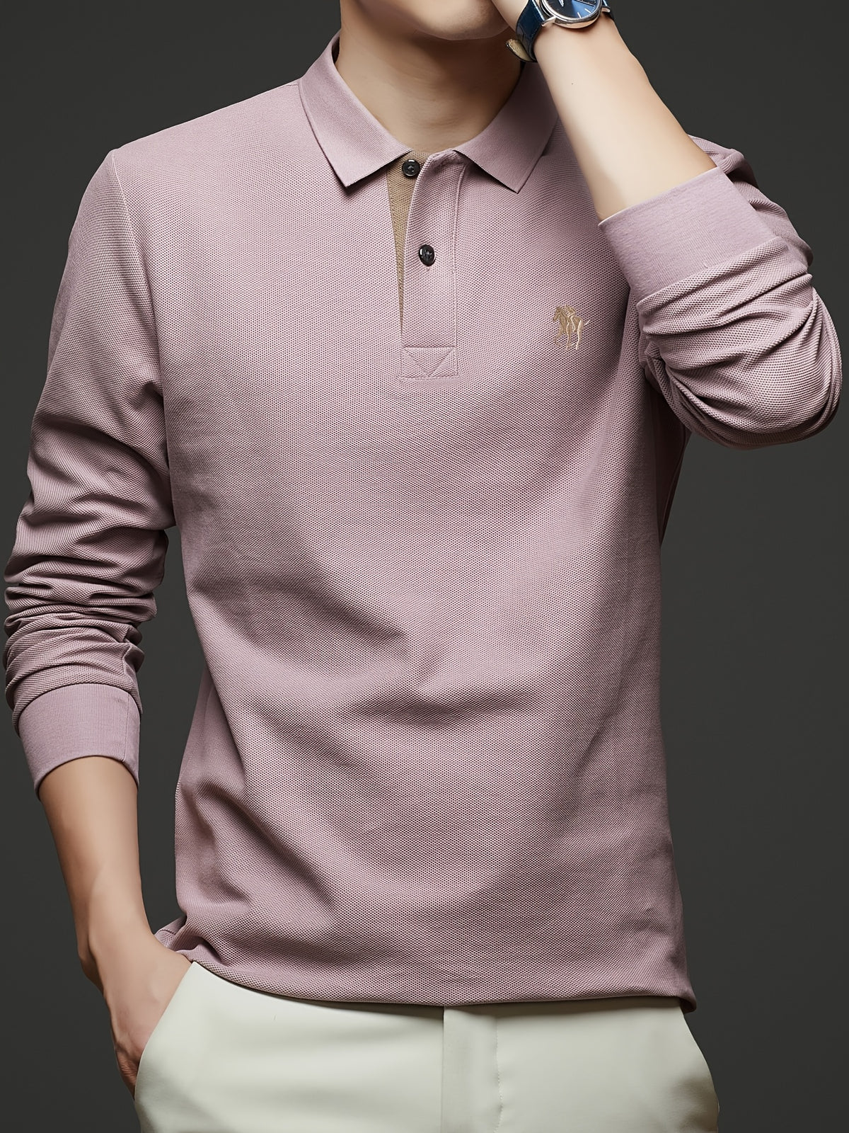 [Saa Xing OBM] 1pc Spring/Autumn New Men'S Polo Shirt, Solid Color Embroidered Half-Button Placket Single-Button Polo Collar Long Sleeve Men'S Fashion Versatile Pullover Base Layer Top, Classic Design, Suitable for Spring, Autumn, Wear - Pink Purple