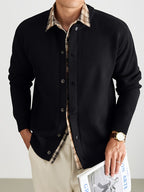 Men'S Oatmeal Knit Cardigan, Faux Two-Piece Plaid Shirt Collar Single Button, Business Casual Spring Autumn Regular Fit, Commuting Office - Black
