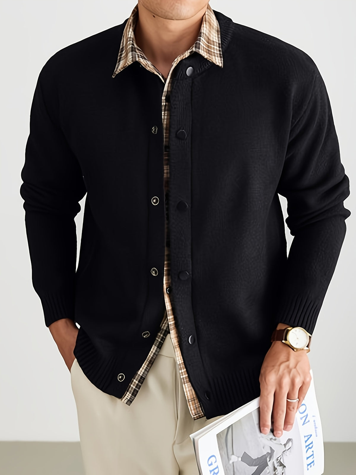 Men'S Oatmeal Knit Cardigan, Faux Two-Piece Plaid Shirt Collar Single Button, Business Casual Spring Autumn Regular Fit, Commuting Office - Black