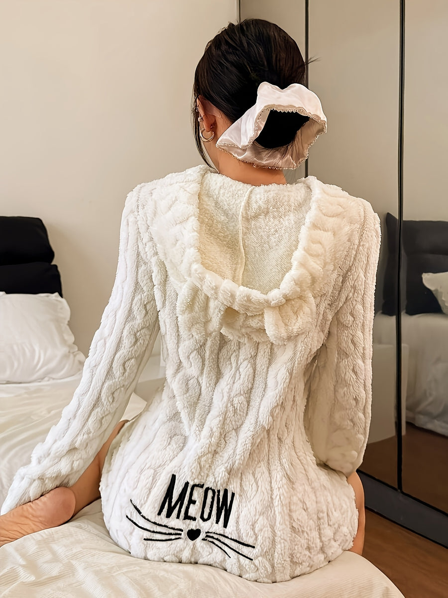 Comfort Animal Plush Cat Whisker Embroidered Winter Pajama Onesie - Off-white