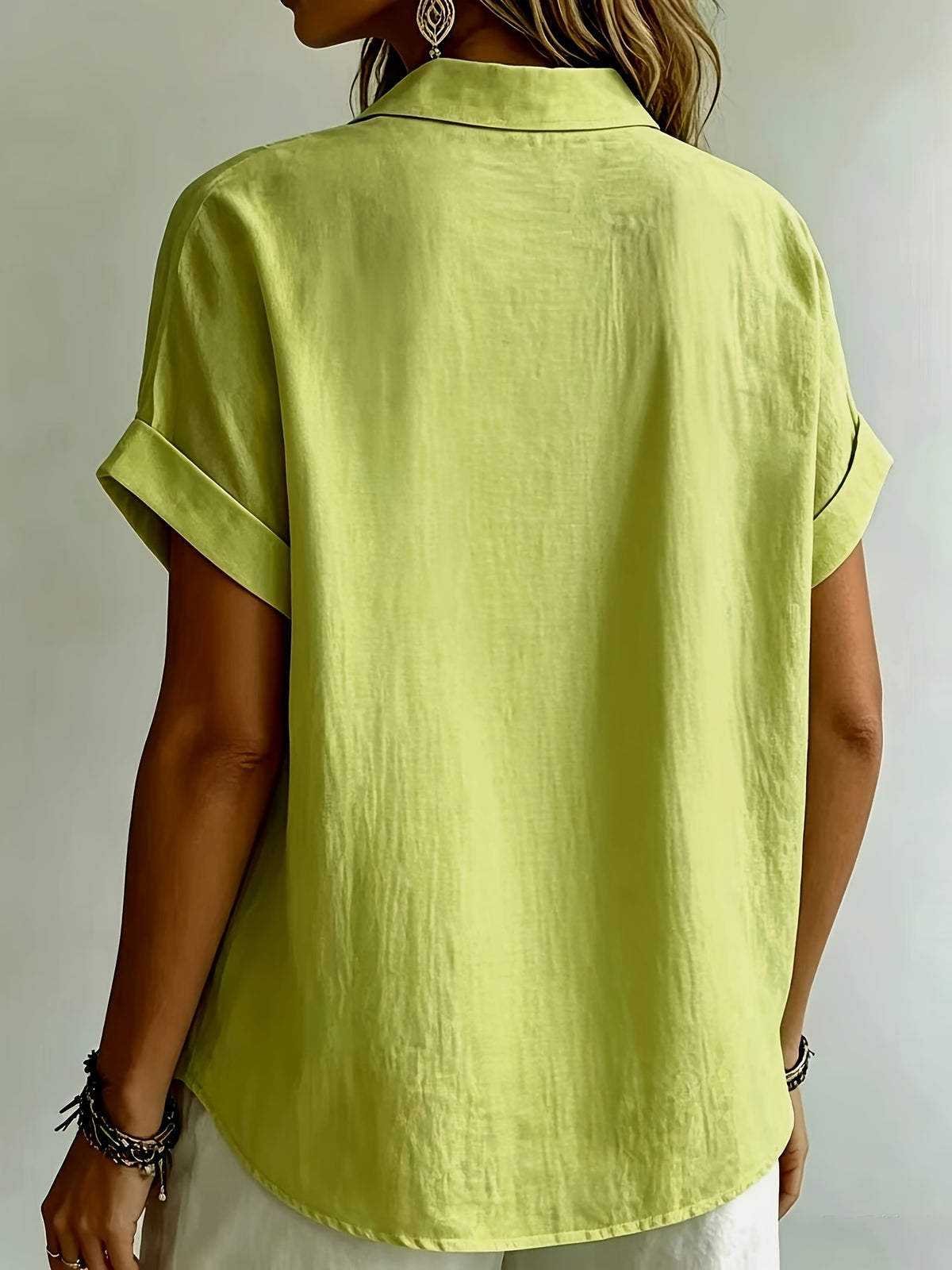 Women'S Elegant Vacation Style Short Sleeve Top, Loose Lazy Shirt, Commute Casual Literary Style, And Covering, Daily Temperament Style, Loose Drape, Breathable And Comfortable - Greenish Yellow