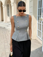 Women's Fashionable Sleeveless Blouse, Adorned with Exquisite Buttons, Suitable for Various Occasions Such as Autumn, Back-to- Season, Business Casual, Office Wear, Teacher Attire, Outing Tops, and Button-up Shirts, Showcasing an Elegant Summer Style - Grey