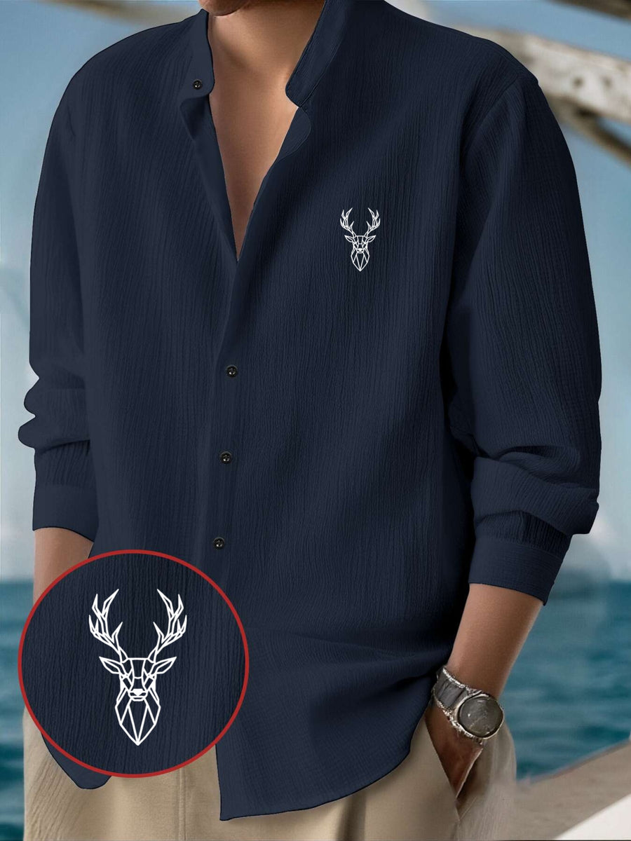 Men'S Classic Solid Color Casual Long Sleeve Button-Up Shirt - Stand Collar Design, Machine Washable, Geometric Stag Head Pattern Print, All-Season Wear, Suitable for Outdoor, Beach, And Casual Attire, Machine Washable Business Casual Shirt - Navy Color