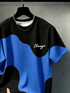 Print Design Textureless Men'S Casual Round Neck T-Shirt, Geometric Pattern Patchwork Striped Design, Chicago Word Pattern, Drapey Fashion Top, All-Season Wear, Breathable Regular Fit for Casual And Formal Outfits - Round Neck Casual Top - Mixed colors