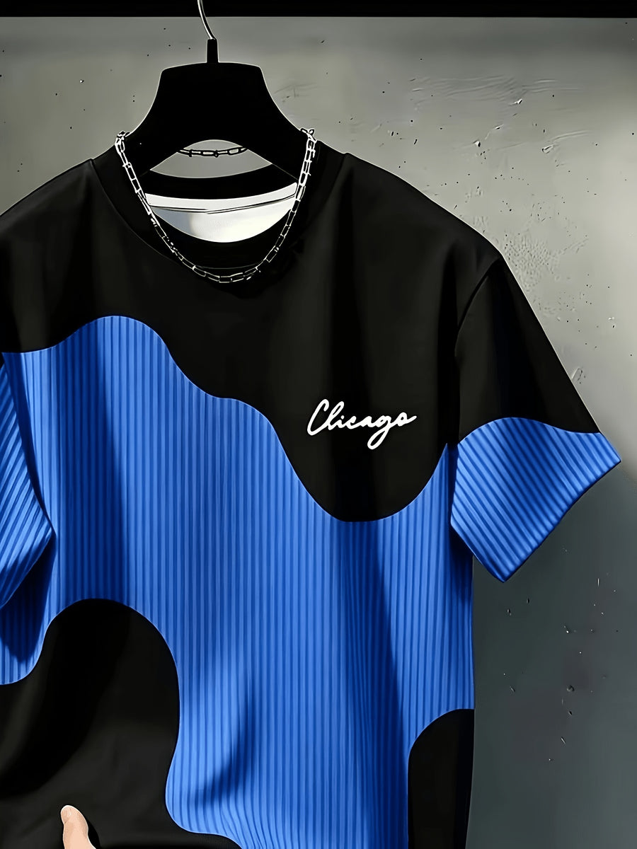 Print Design Textureless Men'S Casual Round Neck T-Shirt, Geometric Pattern Patchwork Striped Design, Chicago Word Pattern, Drapey Fashion Top, All-Season Wear, Breathable Regular Fit for Casual And Formal Outfits - Round Neck Casual Top - Mixed colors