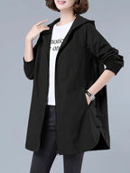 Women's Casual Hooded Jacket with Letter Print - Zip-Up, Long Sleeve, Polyester - Machine Washable - Perfect for Spring/Fall - Black