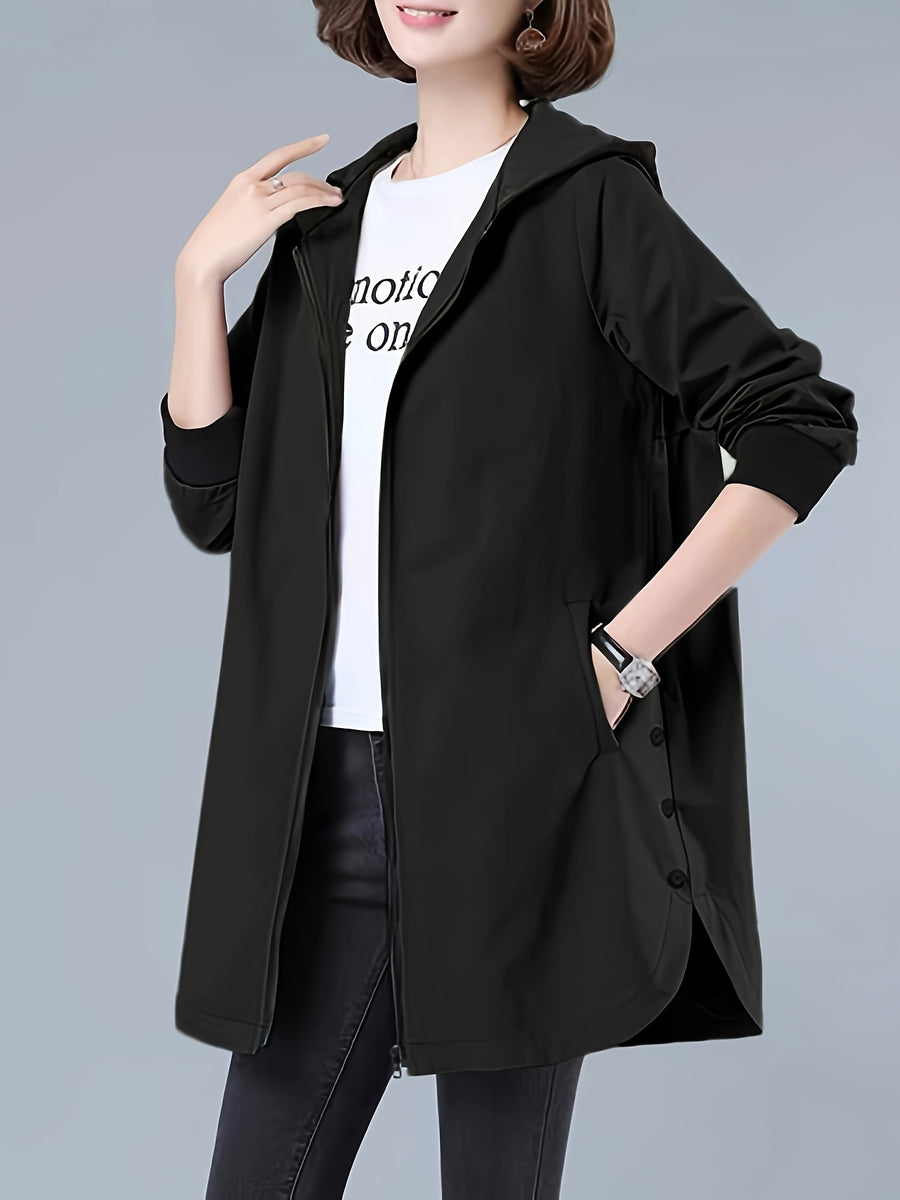 Women's Casual Hooded Jacket with Letter Print - Zip-Up, Long Sleeve, Polyester - Machine Washable - Perfect for Spring/Fall - Black
