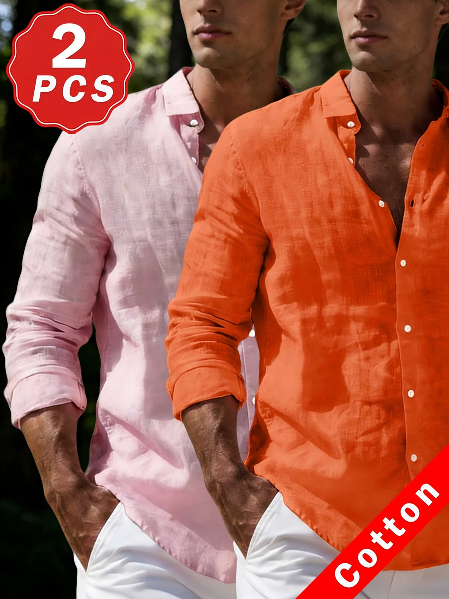 Men's 100% Pure Cotton Lapel Button-Up Long Sleeve Shirt, 2pcs Set. A Versatile Casual Top for Spring and Autumn, Suitable for Daily Wear. The Fabric Is Comfortable and Breathable, Making It Perfect for Beach Vacations and Everyday Outings - Pink+Orange