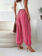 Women' Elegant Striped Tapered Wide- Pants - Cuffed Ankle & Long Length Trousers Suitable for Spring Summer Fall, Striped Trousers for, Semi-Formal & Casual Attire, Machine Washable Non-Stretch Pants - Rose Red Strip