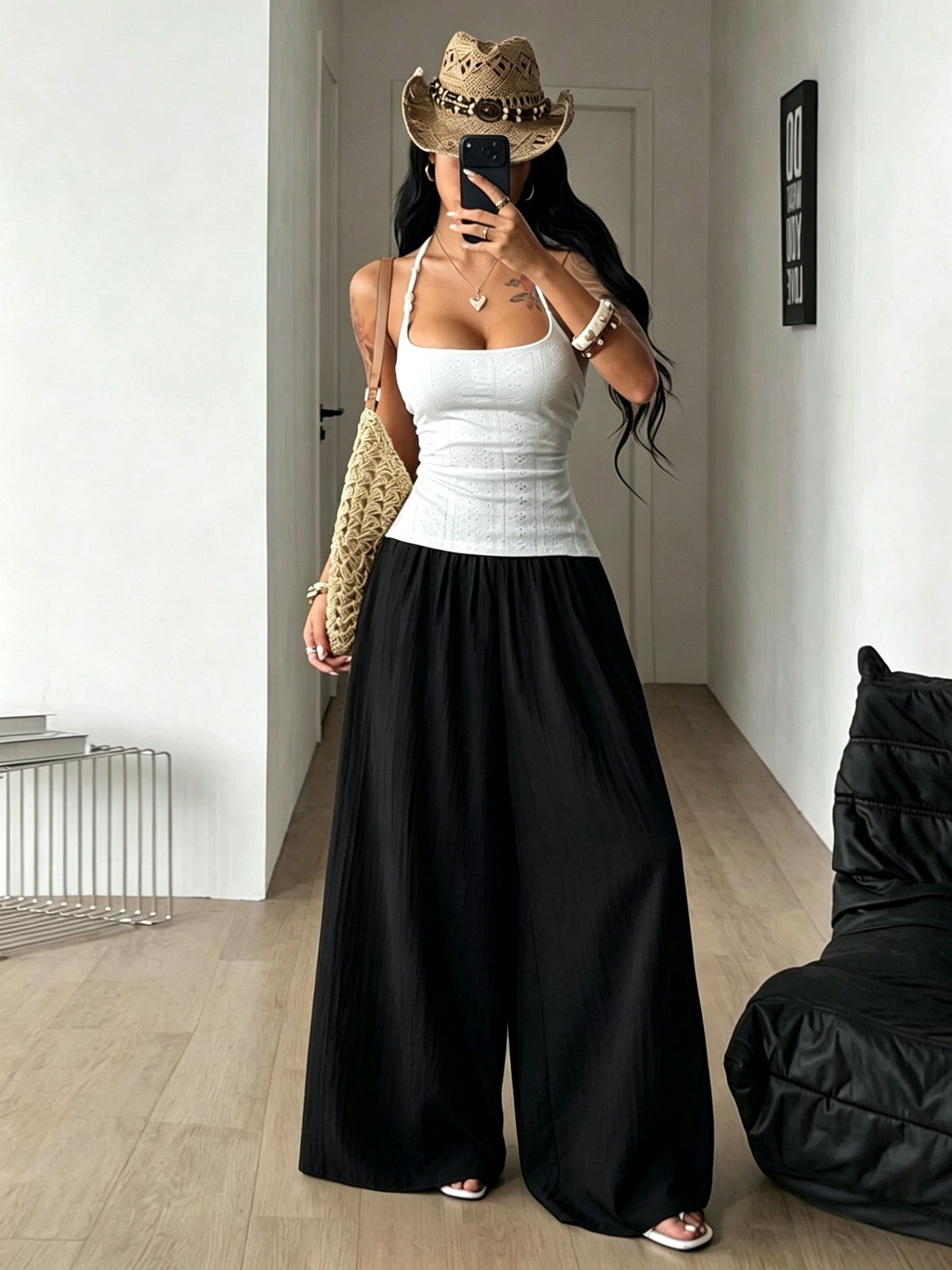 Women's Autumn/Winter Elegant Casual Vacation Solid Color Loose Textured Wide-Leg Pants - Black