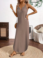 Spring/Summer New Arrival: European and American Fashion Trend Women's Solid Color Notched V-Neck Camisole Dress for Vacation and Leisure - Khaki