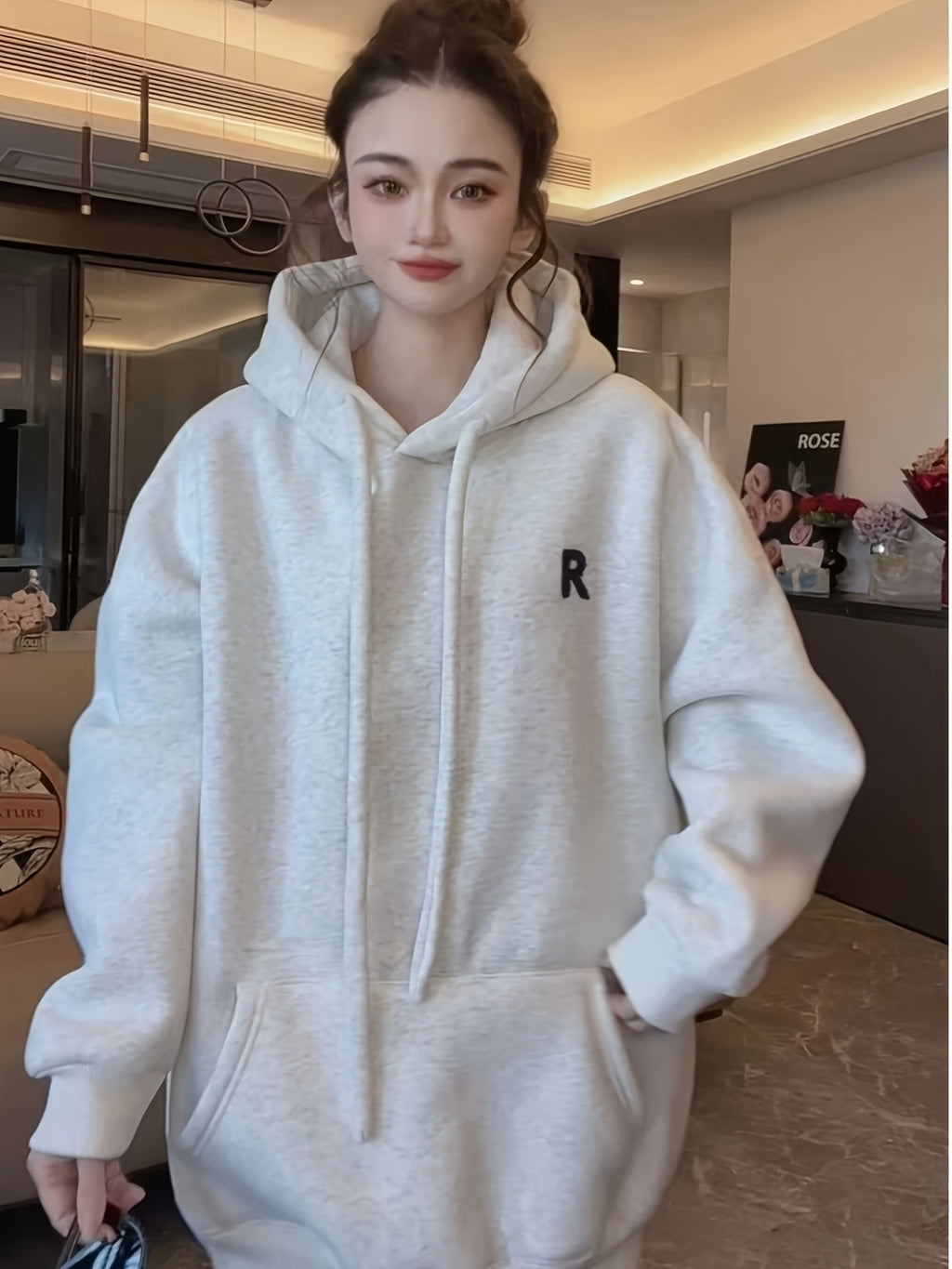 New and Thickened Loose Hoodie for Women 2025,  Letter Versatile Hoodie, -style Top - Light Grey