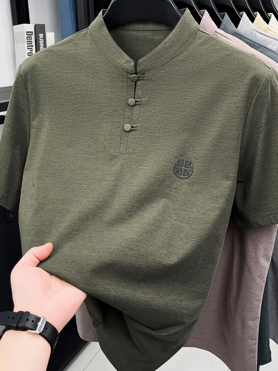 New Summer Chinese Hero Ancient Style Three-Button Access Control Short-Sleeve Men's T-Shirt, Stylish Casual Novelty Men's Top, Refreshing Quick-Drying, Durable and Skin-Friendly Apparel JC8912 - Olive Green