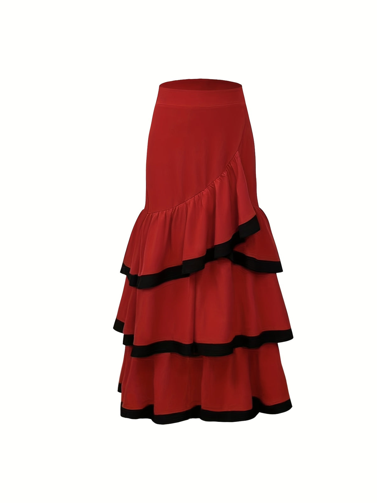 Autumn Versatile Color-Block Elegant Party Gathering Ruffle Hem Women's Skirt - Red