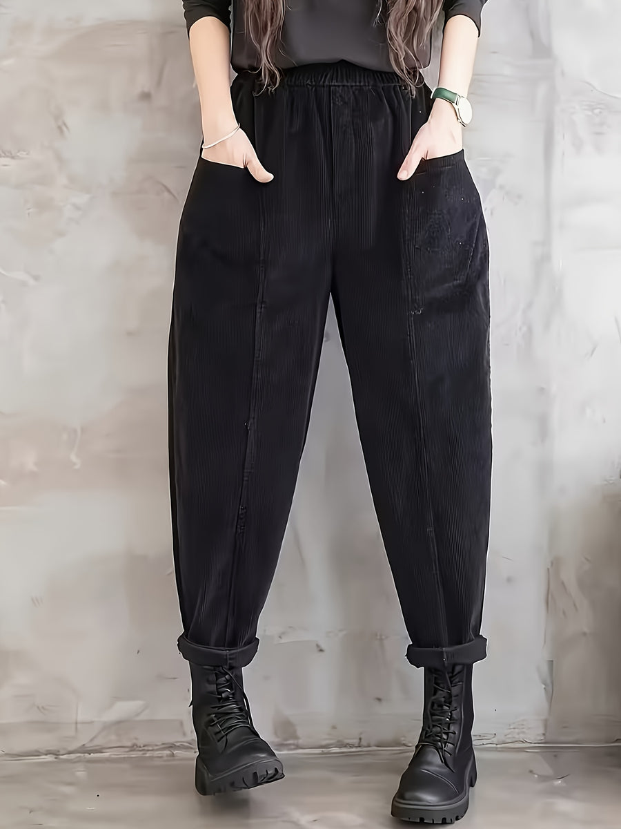 Plus Size - Plus Size - Women'S Elegant Wide-Leg Corduroy Harem Pants - Tapered Design with Pockets, All-Season Corduroy Trousers, Suitable for Casual And Formal Occasions - Black
