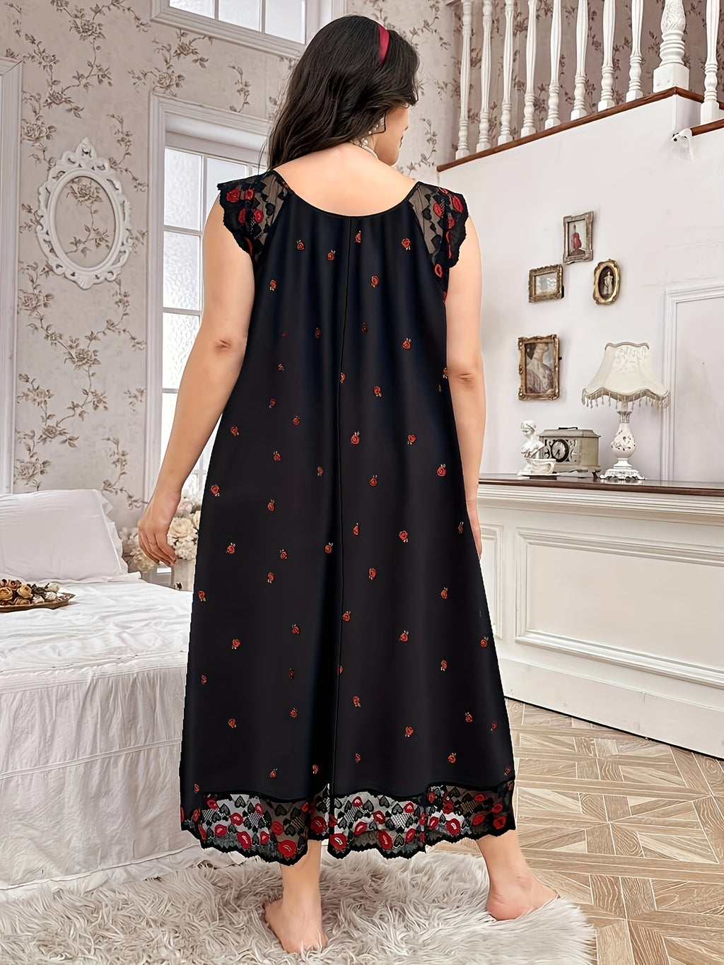 Elegant Lace Trim Nightdress with Small Floral Print - Soft Round Neck Sleepdress Suitable for Year-Round Wear, Machine Washable Bed Nightgown for (Non-) - Multicolor