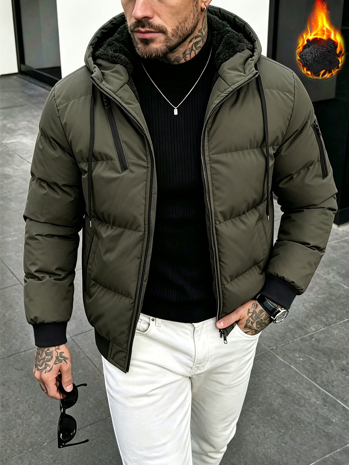 New Winter Plush-Lined Padded Coat for Men, Loose Fit Outerwear with Chest Zipper, Trendy and Fashionable Hooded Thickened Youth Padded Coat, Casual Padded Jacket for Men - Green