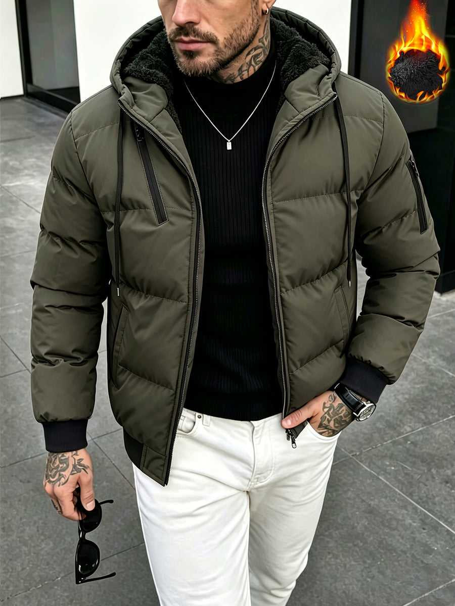 New Winter Plush-Lined Padded Coat for Men, Loose Fit Outerwear with Chest Zipper, Trendy and Fashionable Hooded Thickened Youth Padded Coat, Casual Padded Jacket for Men - Green