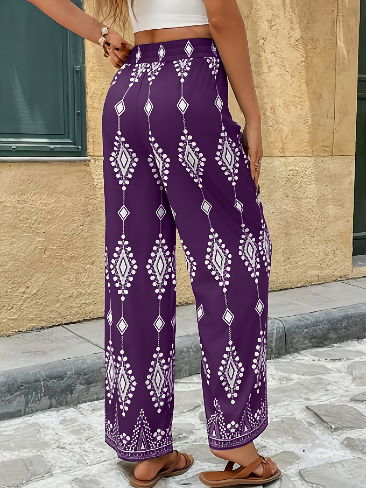 Frenchy Women's Wide-Leg Trousers - Elegant French Style All-Over Geometric Print Wide Pants with Faux Drawstring Waist, Non-Stretch Fabric Suitable for Vacation, Beachwear & Daily Wear, Machine Washable Spring Summer Wide Leg Trousers - Purple