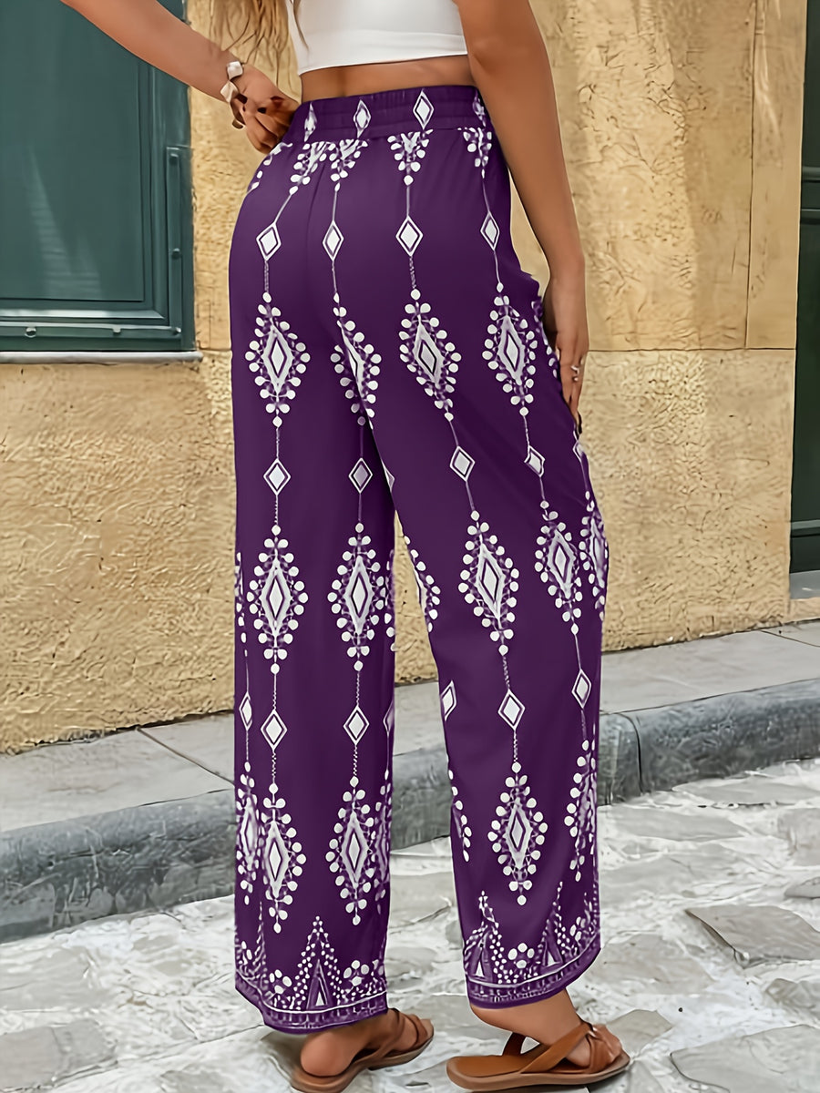 Frenchy Women's Wide-Leg Trousers - Elegant French Style All-Over Geometric Print Wide Pants with Faux Drawstring Waist, Non-Stretch Fabric Suitable for Vacation, Beachwear & Daily Wear, Machine Washable Spring Summer Wide Leg Trousers - Purple