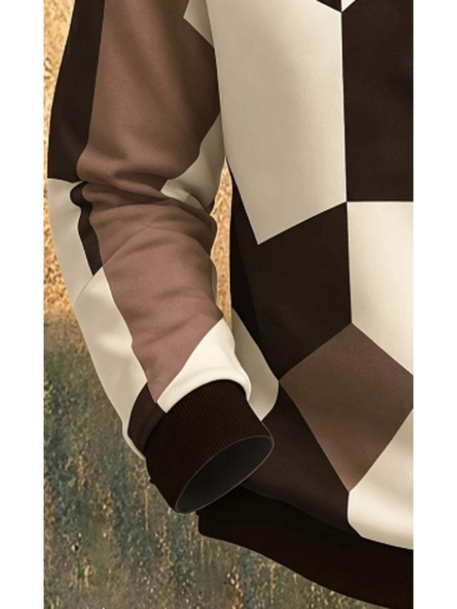 Men'S Autumn Winter Polo Zipper Sweatshirt, Men'S Retro Geometric Color-Block Digital Print Half-Zip Stand Collar Sweatshirt, Loose Casual Top, High Quality And Durable, Machine Washable, Daily Commute And Outdoor Wear - Mix color 5