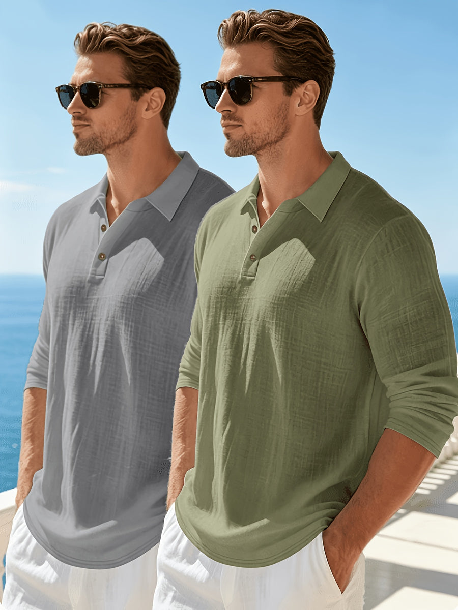 Men'S Textured Collar Button Polo Shirt, Regular Breathable Casual Outdoor Sports Versatile Top, 2pcs Set - Light Gray + Green