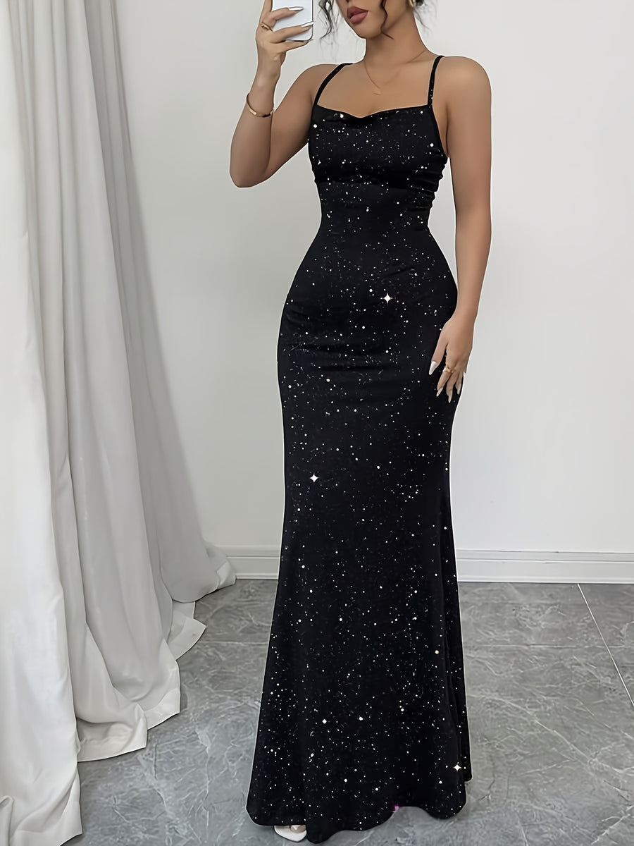Elegant Red Bling Bling Backless Wedding Bridesmaid Dress - Off-Shoulder/ Neck Long Formal Dress with Lace-Up Back, Sleeveless Bodycon Party Dress Suitable for Prom, Christmas, Holiday Events - Black