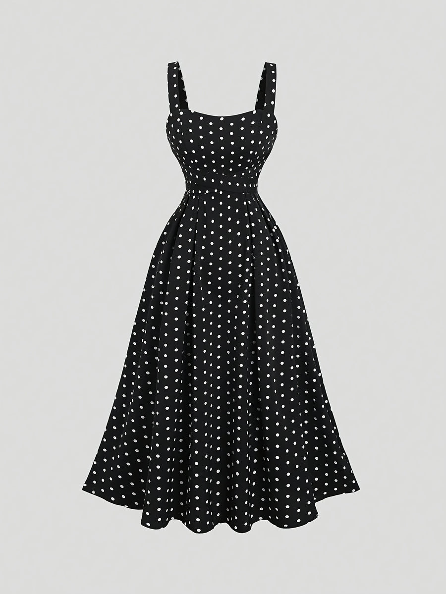 Vintage Elegant Polka Dot Cami Dress, Back Ruched Waist Tie-Up Slim Fit, Date Vacation Daily Commute Outfit, Graduation Season Concert - Black